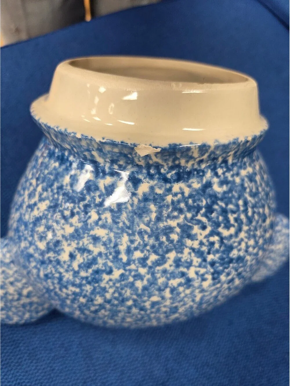 Vintage 1970s N.S. Gustin Blue Spongeware Teddy Bear Cookie Jar Hand Decorated